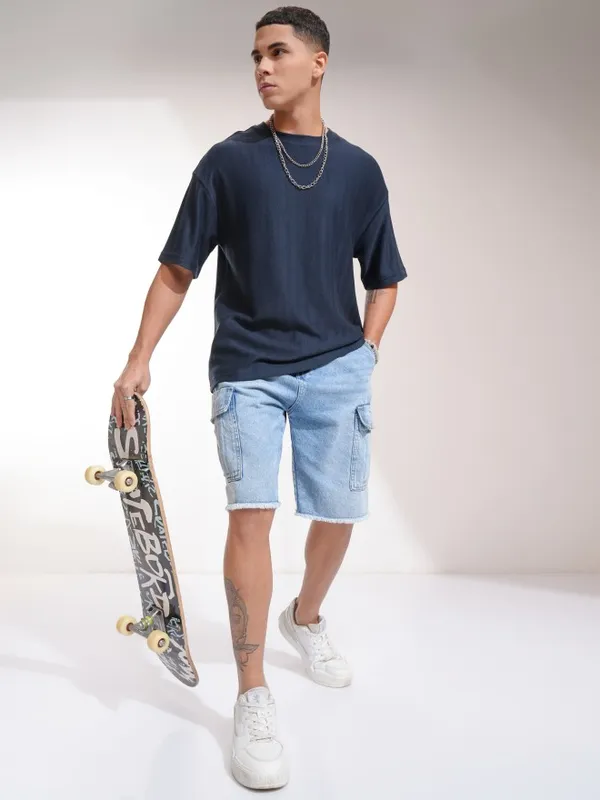 Highlander Men Navy Blue Self Design Oversized Fit T-Shirt