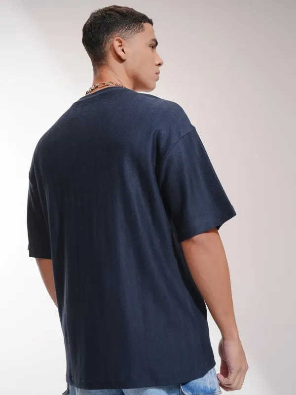 Highlander Men Navy Blue Self Design Oversized Fit T-Shirt