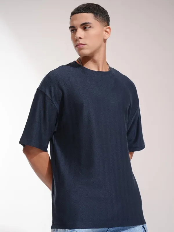 Highlander Men Navy Blue Self Design Oversized Fit T-Shirt