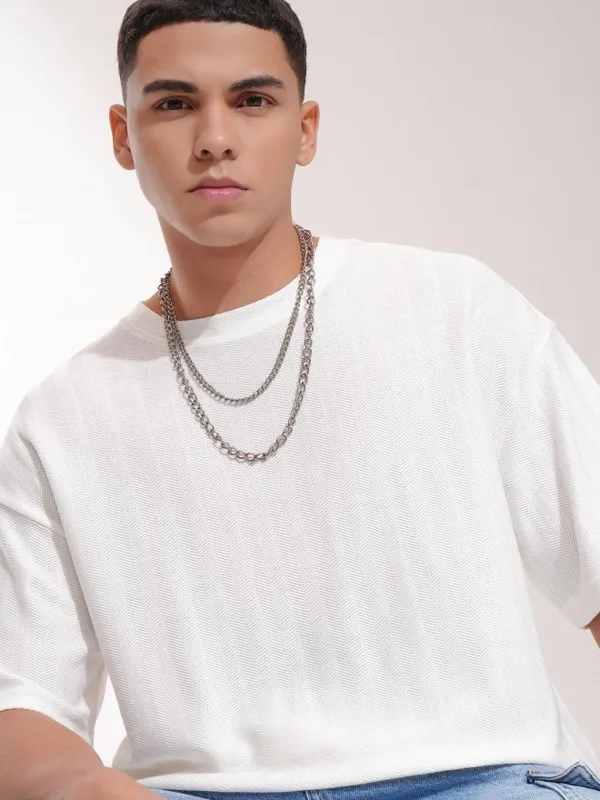 Highlander Men Off White Self Design Oversized Fit T-Shirt