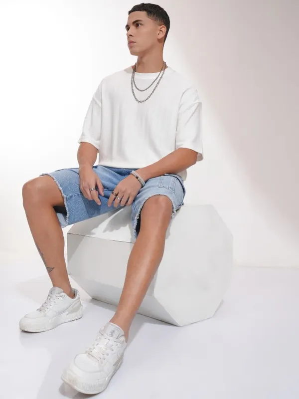 Highlander Men Off White Self Design Oversized Fit T-Shirt
