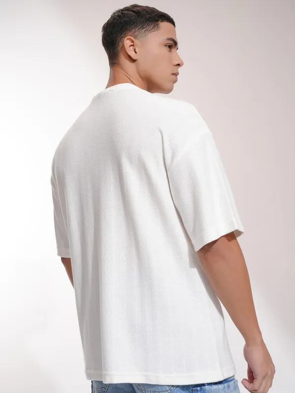 Highlander Men Off White Self Design Oversized Fit T-Shirt
