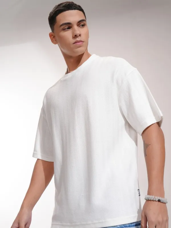 Highlander Men Off White Self Design Oversized Fit T-Shirt