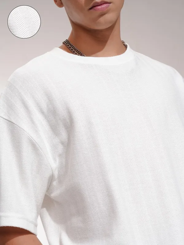 Highlander Men Off White Self Design Oversized Fit T-Shirt