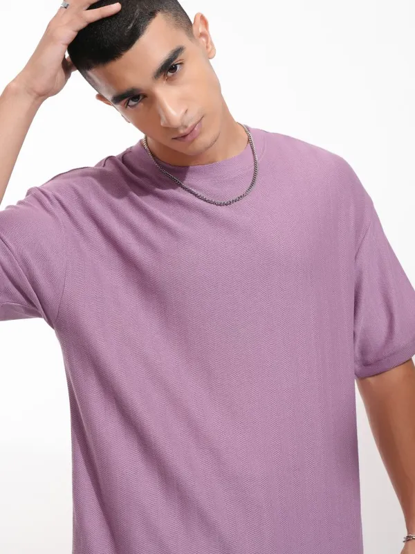 Highlander Men Purple Self Design Round Neck Oversized Fit T-Shirt