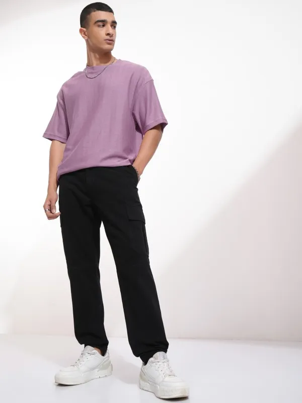 Highlander Men Purple Self Design Round Neck Oversized Fit T-Shirt