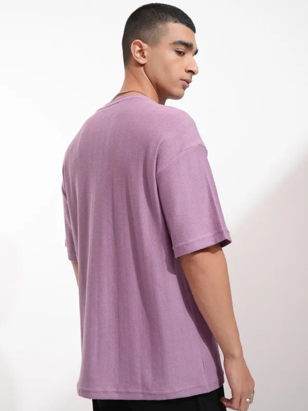 Highlander Men Purple Self Design Round Neck Oversized Fit T-Shirt