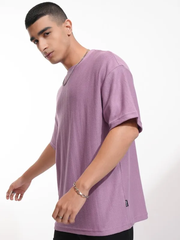 Highlander Men Purple Self Design Round Neck Oversized Fit T-Shirt