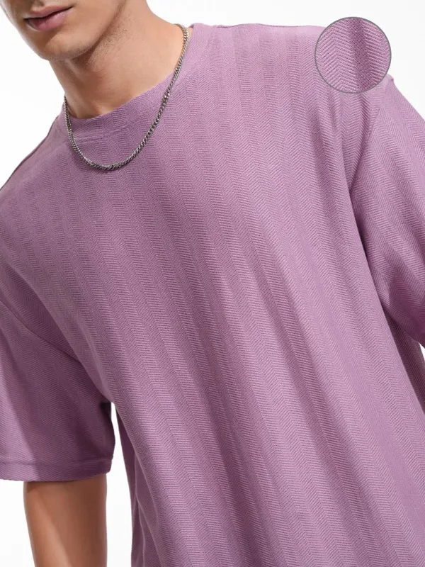 Highlander Men Purple Self Design Round Neck Oversized Fit T-Shirt