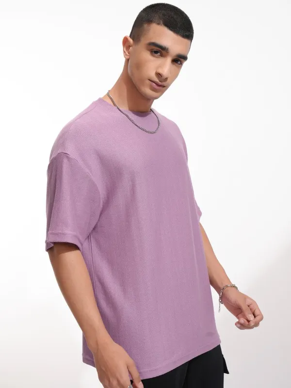 Highlander Men Purple Self Design Round Neck Oversized Fit T-Shirt