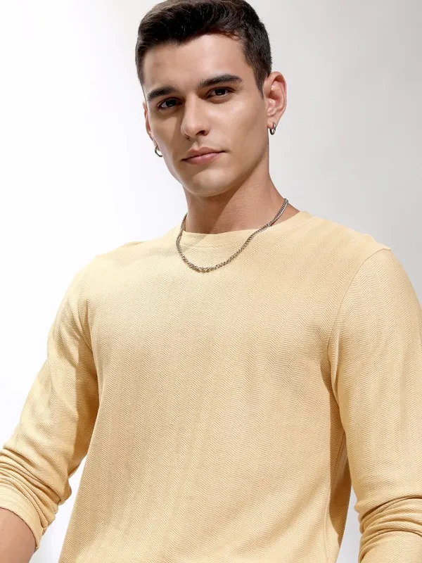 Highlander Men Beige Self Design Round Neck Relaxed Fit T-Shirt