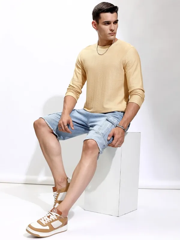 Highlander Men Beige Self Design Round Neck Relaxed Fit T-Shirt