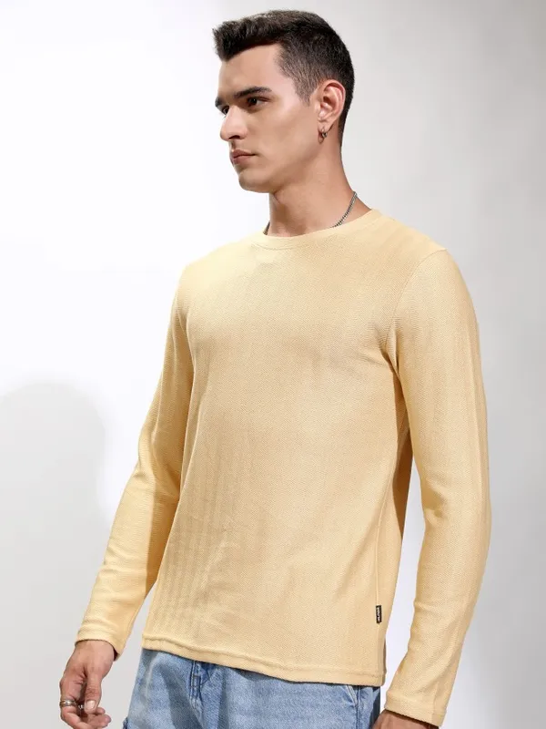 Highlander Men Beige Self Design Round Neck Relaxed Fit T-Shirt