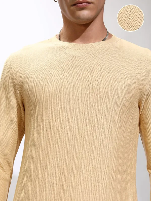 Highlander Men Beige Self Design Round Neck Relaxed Fit T-Shirt