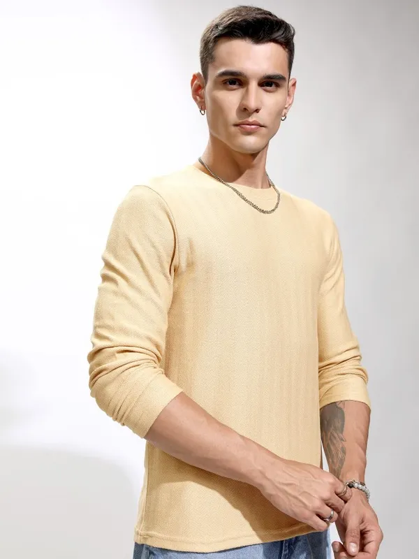 Highlander Men Beige Self Design Round Neck Relaxed Fit T-Shirt