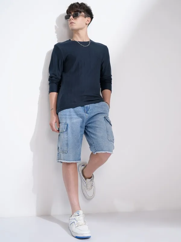 Highlander Men Navy Blue Self Design Round Neck Relaxed Fit T-Shirt