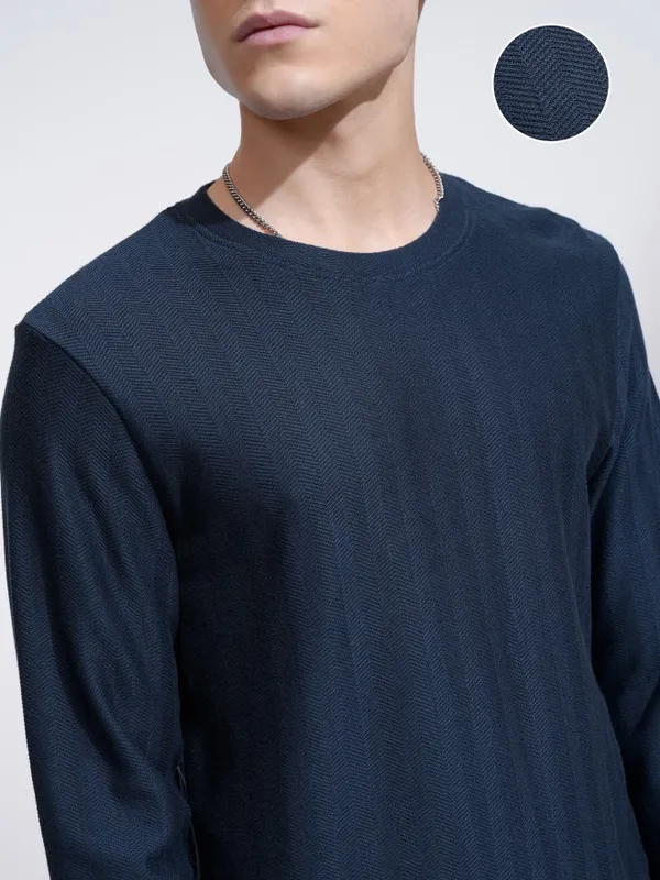 Highlander Men Navy Blue Self Design Round Neck Relaxed Fit T-Shirt