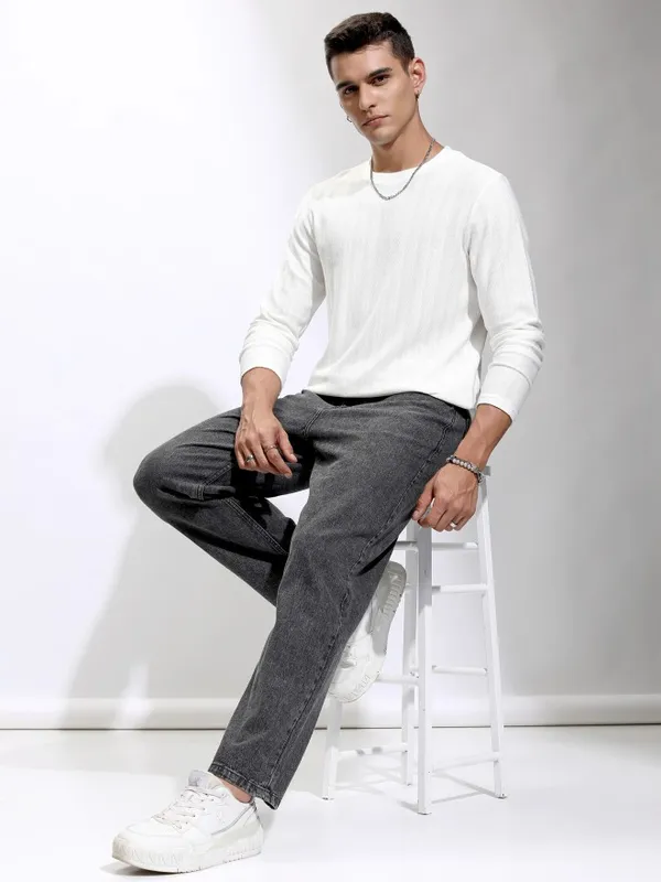 Highlander Men Off White Self Design Round Neck Relaxed Fit T-Shirt