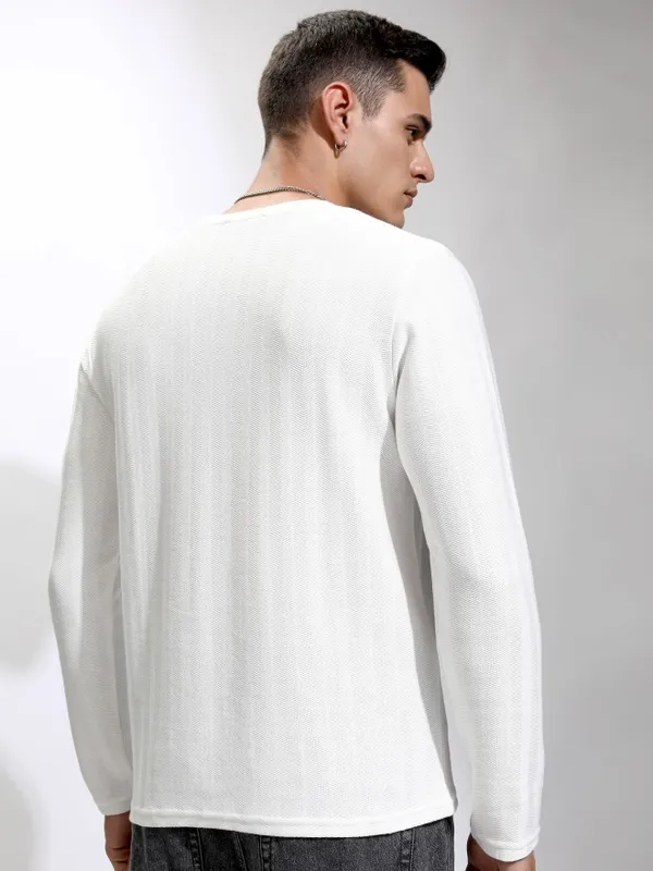 Highlander Men Off White Self Design Round Neck Relaxed Fit T-Shirt