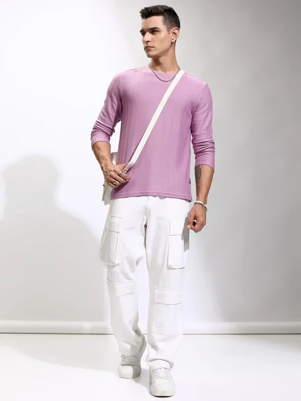 Highlander Men Mauve Self Design Round Neck Relaxed Fit T-Shirt