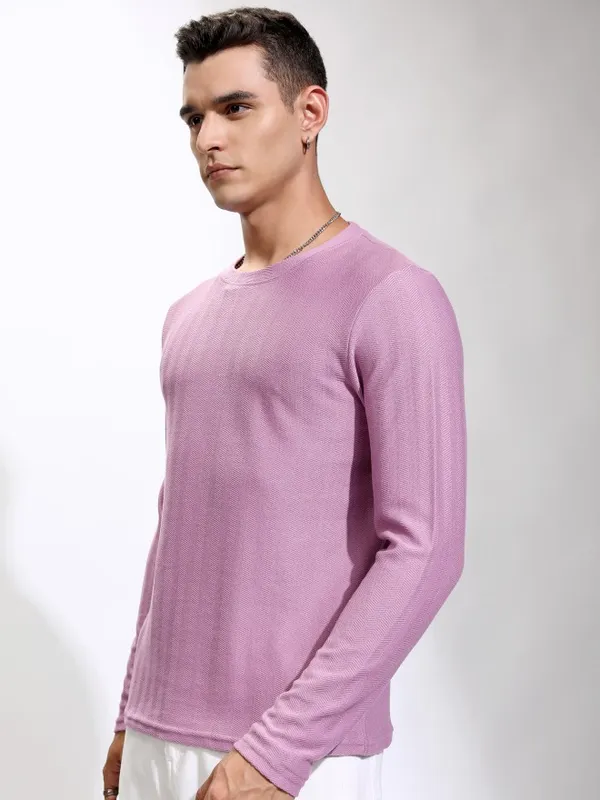 Highlander Men Mauve Self Design Round Neck Relaxed Fit T-Shirt