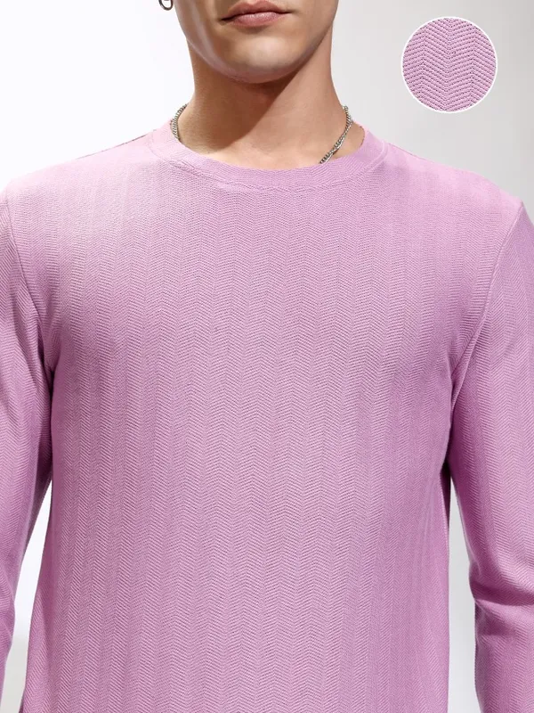 Highlander Men Mauve Self Design Round Neck Relaxed Fit T-Shirt