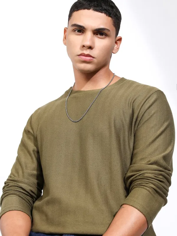 Highlander Men Olive Self Design Relaxed Fit T-Shirt