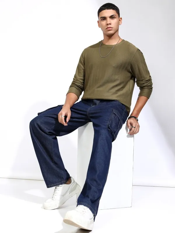 Highlander Men Olive Self Design Relaxed Fit T-Shirt