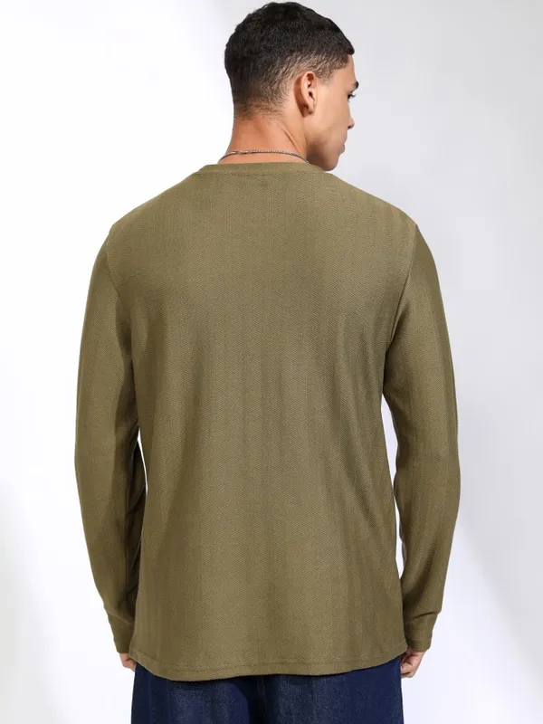 Highlander Men Olive Self Design Relaxed Fit T-Shirt