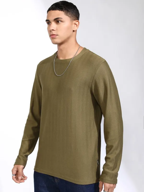 Highlander Men Olive Self Design Relaxed Fit T-Shirt