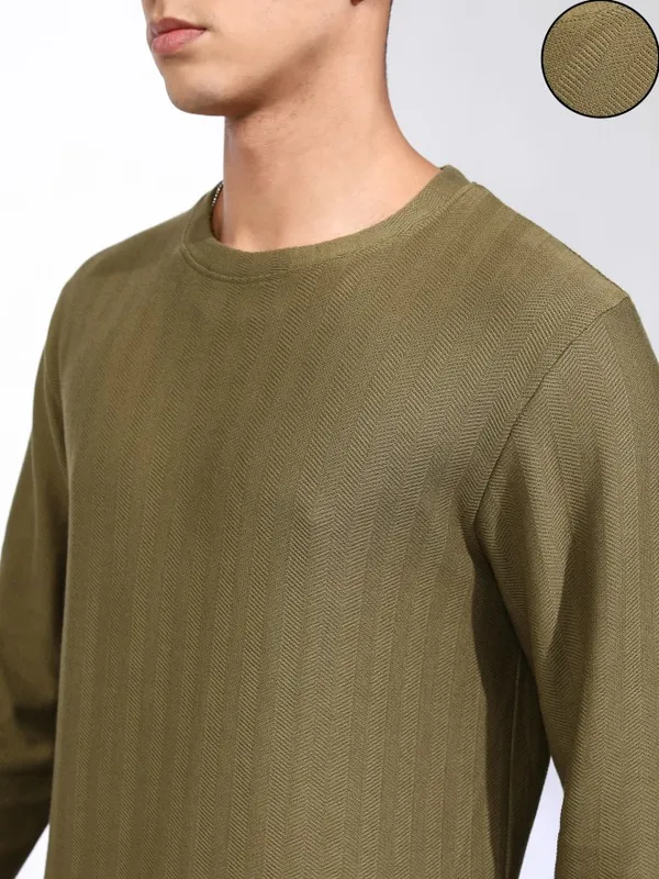 Highlander Men Olive Self Design Relaxed Fit T-Shirt