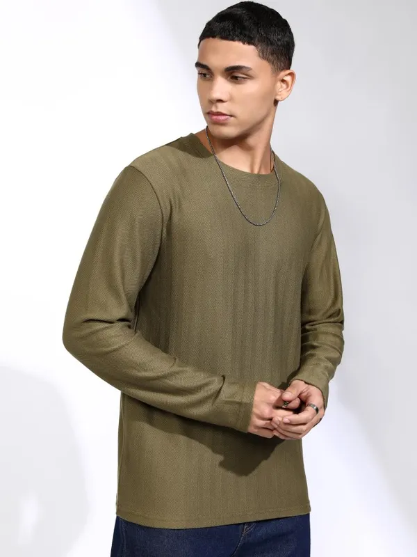 Highlander Men Olive Self Design Relaxed Fit T-Shirt