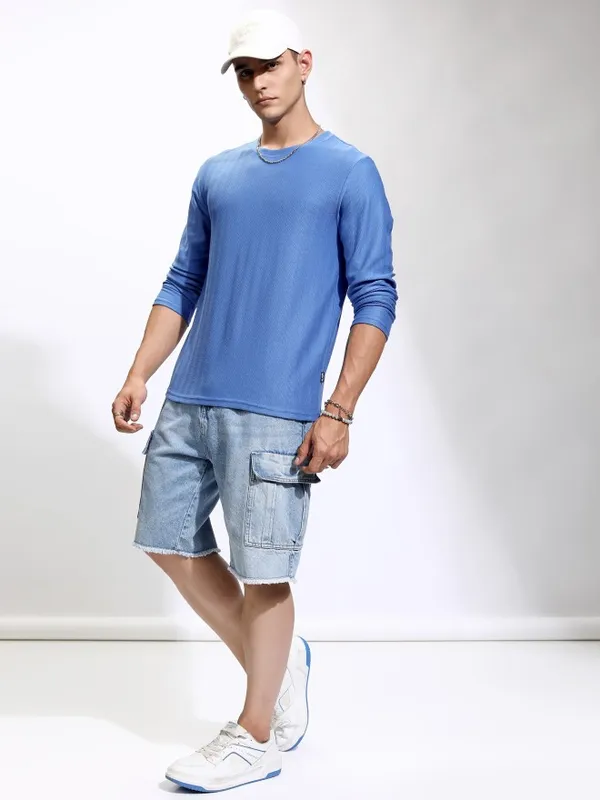 Highlander Men Blue Self Design Round Neck Relaxed Fit T-Shirt