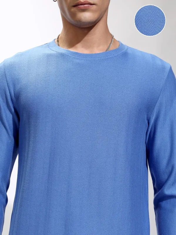 Highlander Men Blue Self Design Round Neck Relaxed Fit T-Shirt