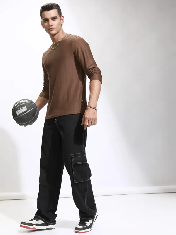 Highlander Men Brown Self Design Round Neck Relaxed Fit T-Shirt