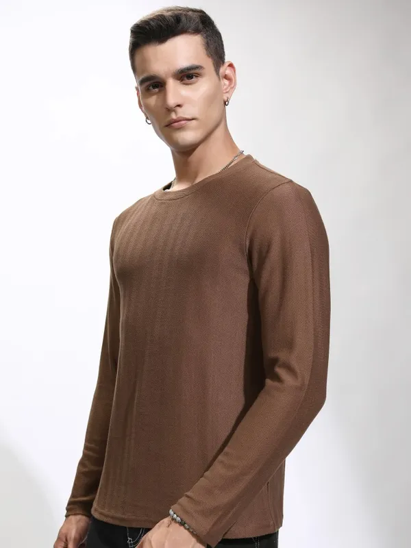 Highlander Men Brown Self Design Round Neck Relaxed Fit T-Shirt