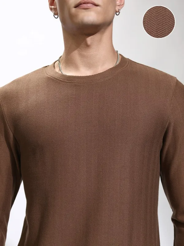 Highlander Men Brown Self Design Round Neck Relaxed Fit T-Shirt