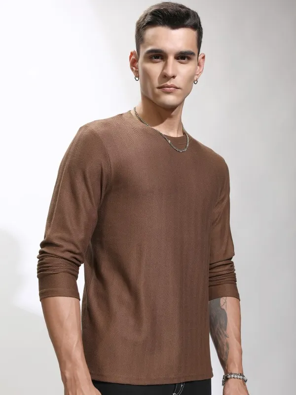 Highlander Men Brown Self Design Round Neck Relaxed Fit T-Shirt