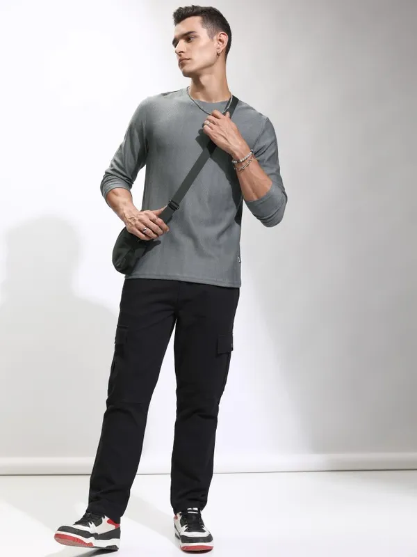 Highlander Men Grey Self Design Round Neck Relaxed Fit T-Shirt