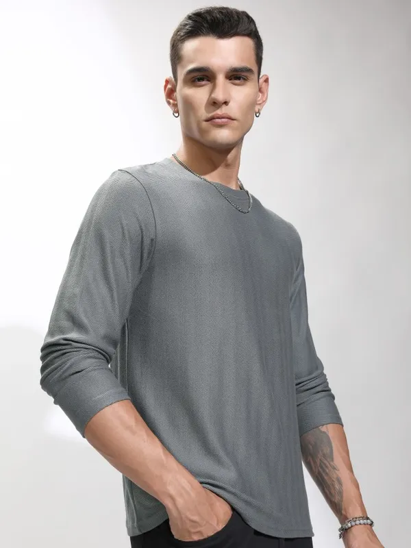 Highlander Men Grey Self Design Round Neck Relaxed Fit T-Shirt