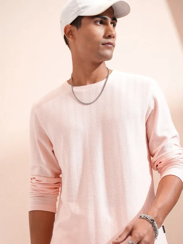 Highlander Men Pink Self Design Relaxed Fit T-Shirt