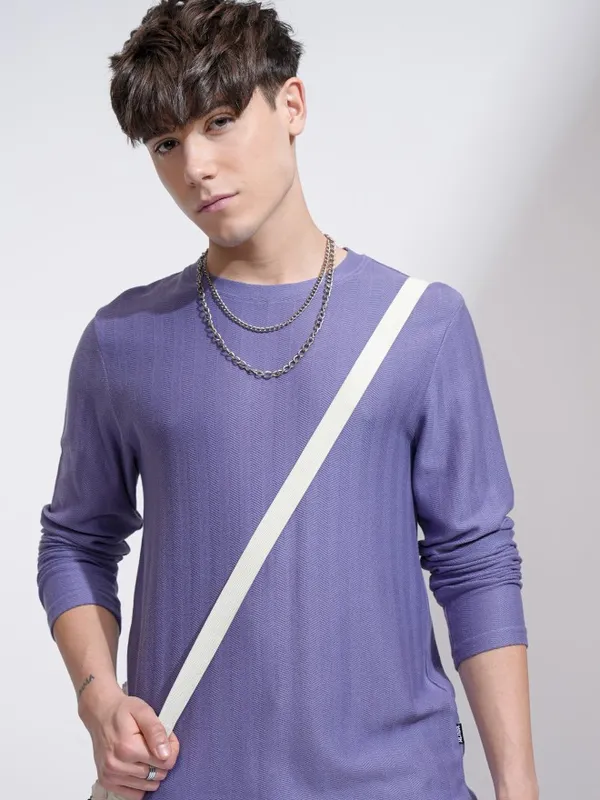 Highlander Men Purple Self Design Round Neck Relaxed Fit T-Shirt