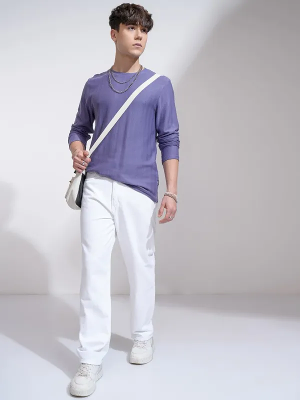 Highlander Men Purple Self Design Round Neck Relaxed Fit T-Shirt