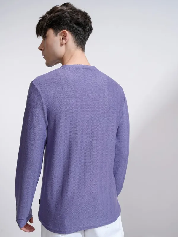 Highlander Men Purple Self Design Round Neck Relaxed Fit T-Shirt