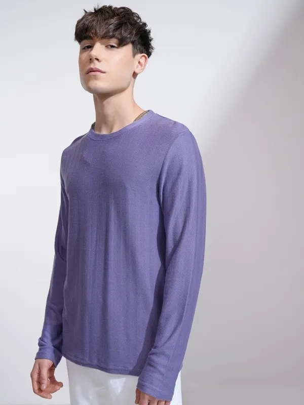 Highlander Men Purple Self Design Round Neck Relaxed Fit T-Shirt