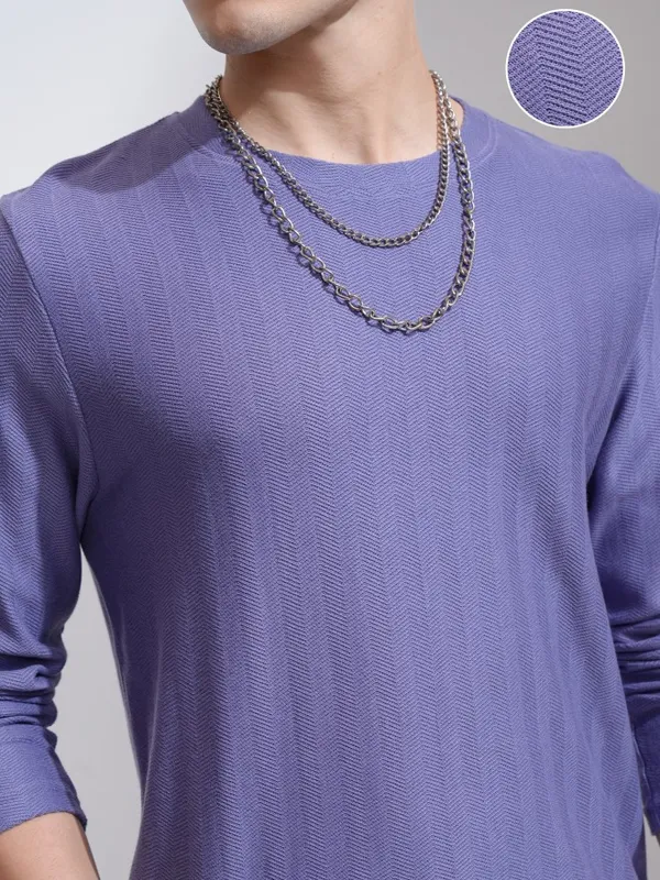 Highlander Men Purple Self Design Round Neck Relaxed Fit T-Shirt