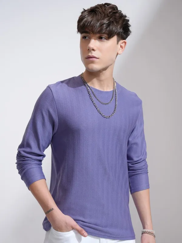 Highlander Men Purple Self Design Round Neck Relaxed Fit T-Shirt