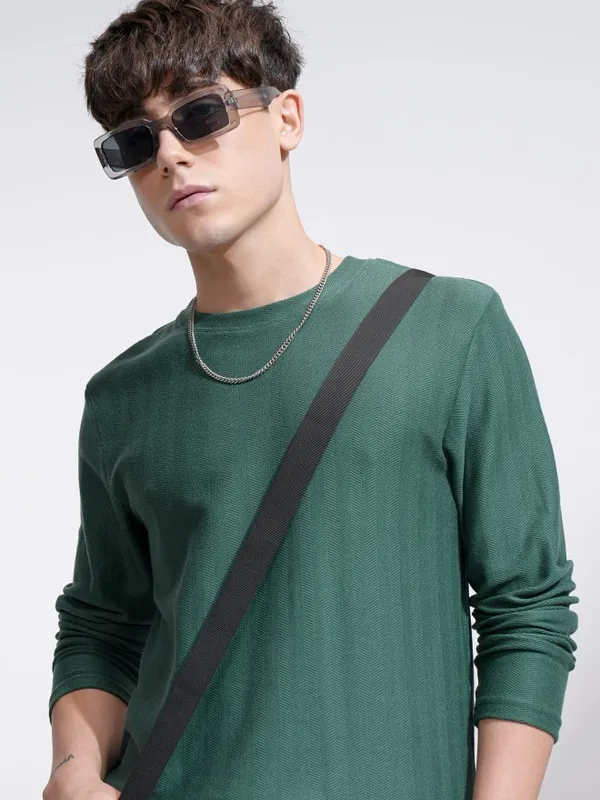 Highlander Men Teal Self Design Round Neck Relaxed Fit T-Shirt