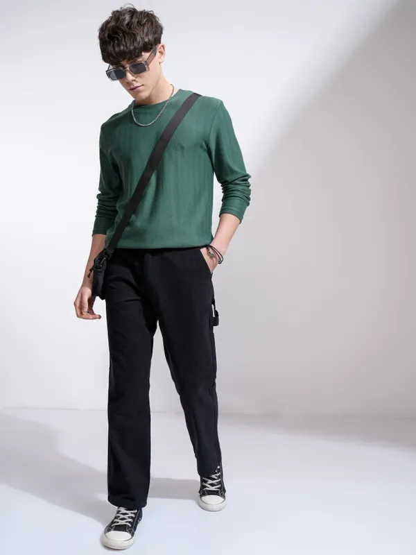 Highlander Men Teal Self Design Round Neck Relaxed Fit T-Shirt