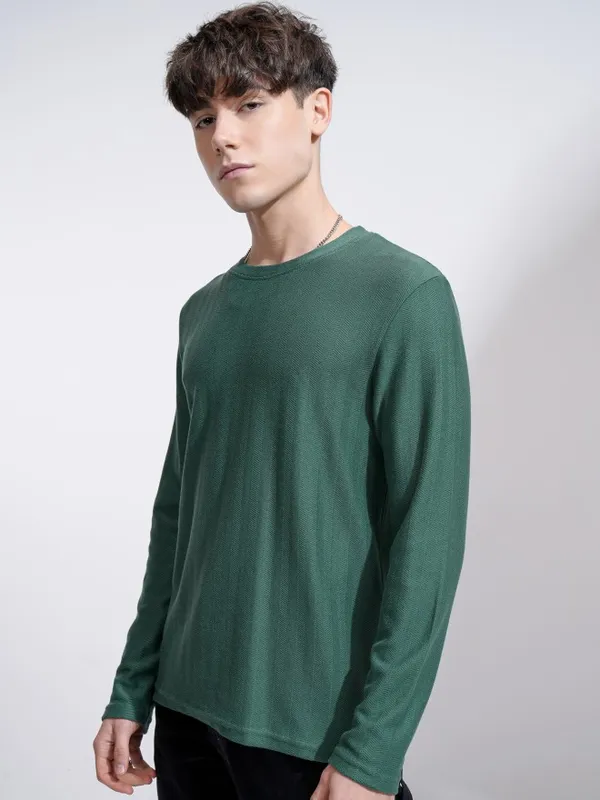 Highlander Men Teal Self Design Round Neck Relaxed Fit T-Shirt